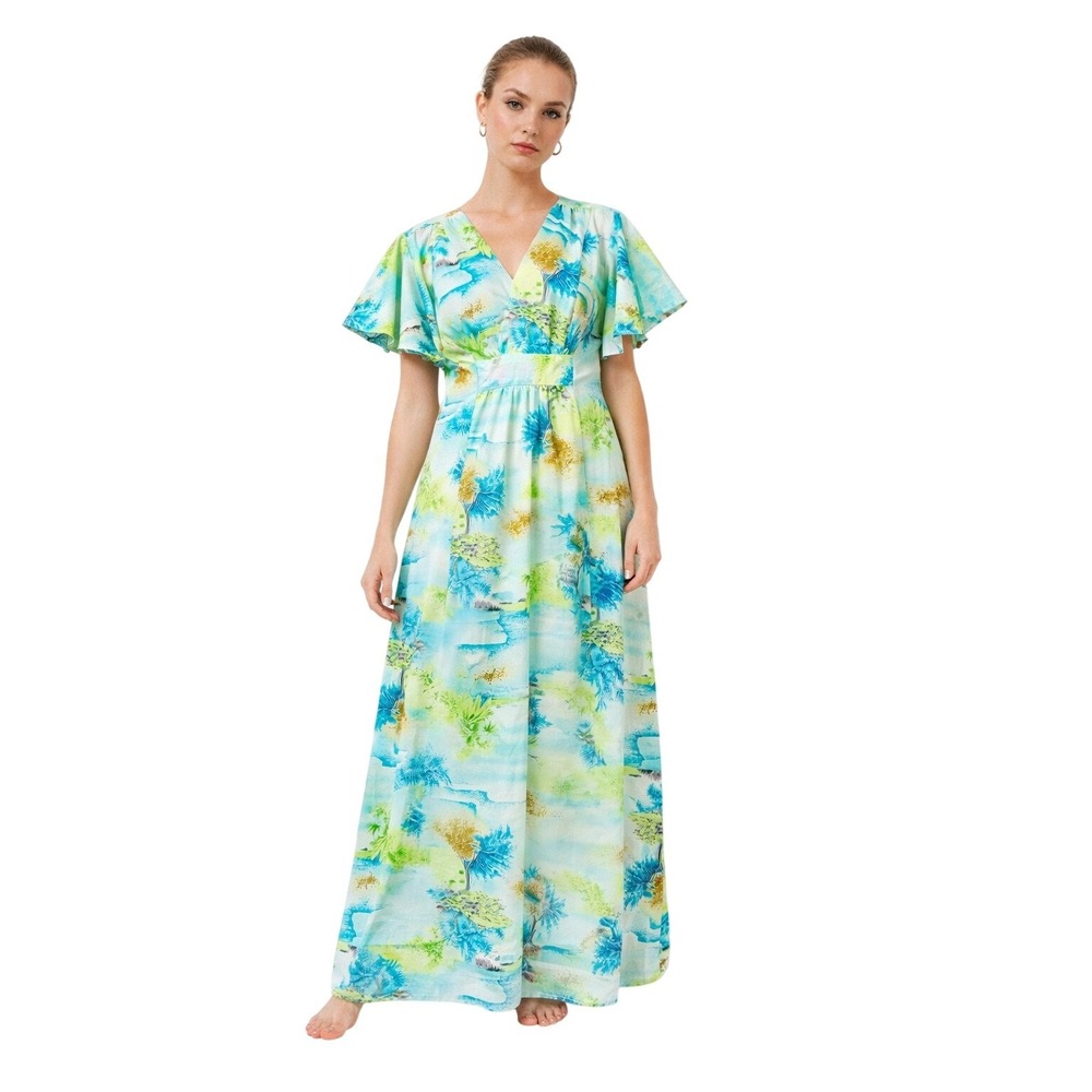 PENNEY'S HAWAII 70's Maxi Dress Tropical Flutter Sleeve‎ Blue Green Bright